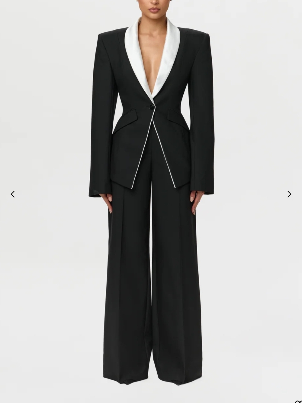 Black Wide-Leg Tuxedo Pantsuit with White Satin Lapel-Jacket & Trousers Included